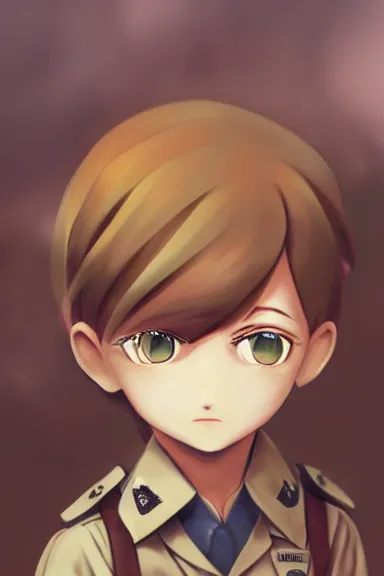 Prompt: beautiful little boy in nazi male uniform. made in abyss art style, sharps focus, cute detailed artwork, anatomically correct, ilya kuvshinov, reflection, perfect composition, wallpaper mobile, digital art, detailed anime soft face, western comic, illustration, realistic, smooth, lois van baarle, soft details, illumination