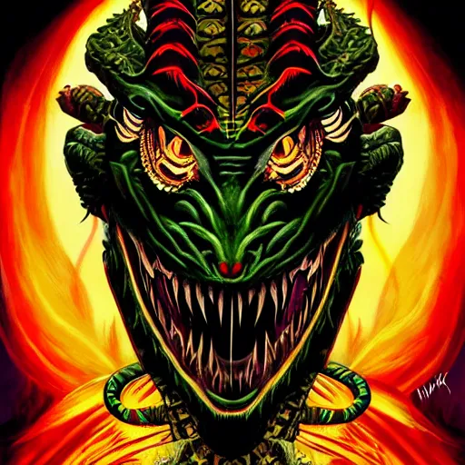 Image similar to barong family member, wiwek, mara demon, one single tribe member, jungle, one single mask, dark, ancient warrior, snake, lizard, alien, predator, dragon, devil, satan, diablo, tribal, exorcist, priest, angel, god, inner glow, art by dan mumford and justin gerard