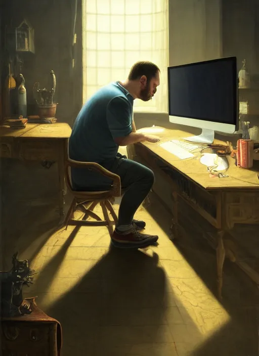 Image similar to insanely detailed chiaroscuro image of a exhausted - looking slightly fat casually - dressed programmer guy on his knees facing his glowing ultrawide computer monitor monitor begging it for forgiveness, oil on canvas, masterwork, fine detail, trending on artstation, emotive, insanely compelling, ryden, koons, moebius