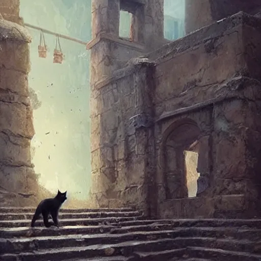 Prompt: cat - canibal walking on ancient city, very detailed fine art, top of pinterest, trend of artistation, style of ( ( ( ( ( greg rutkowski ) ) ) ) )