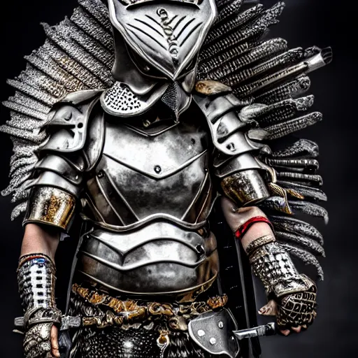 Prompt: photo of a warrior with metal owl jewell encrusted armour, highly detailed, 4k, HDR,