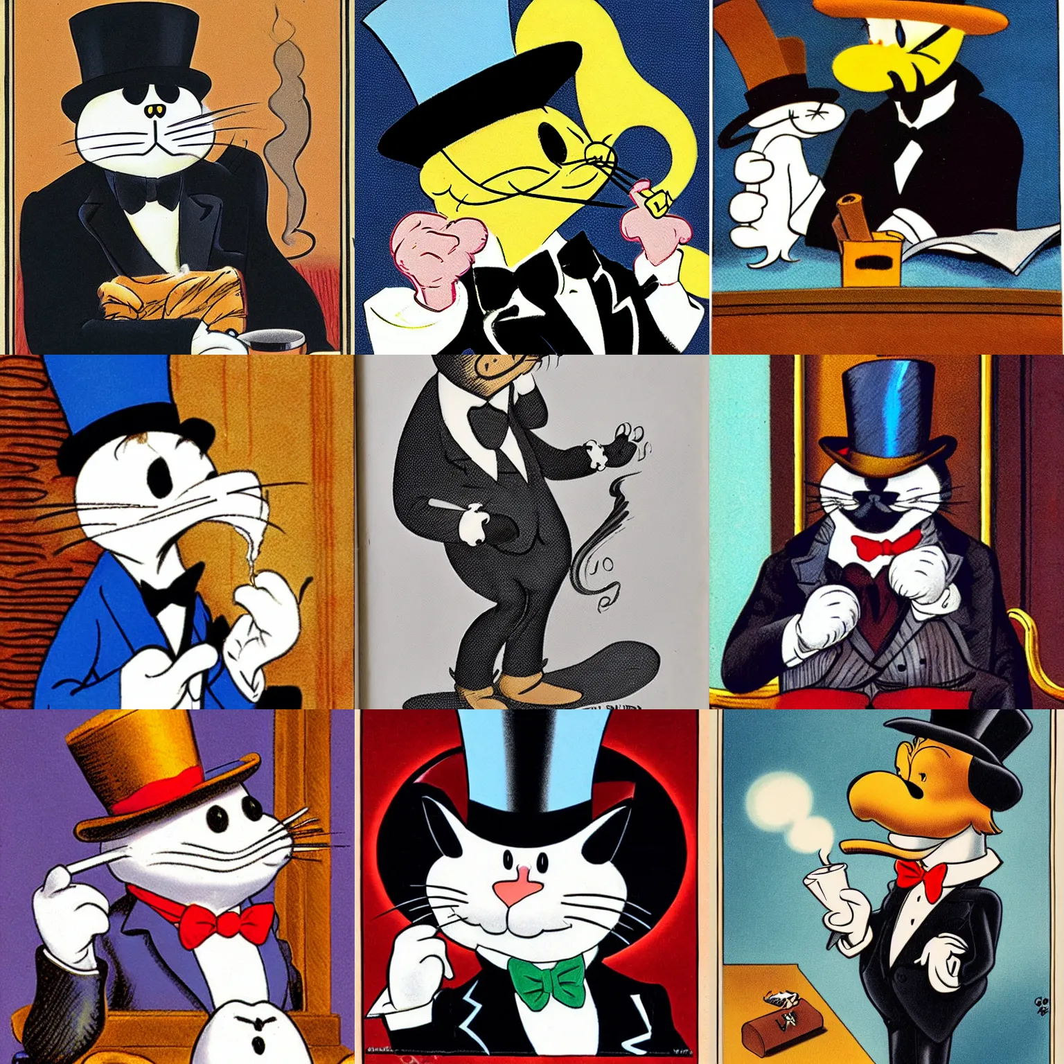 Prompt: cat wearing a top hat and suit, smoking a cigar, carl barks