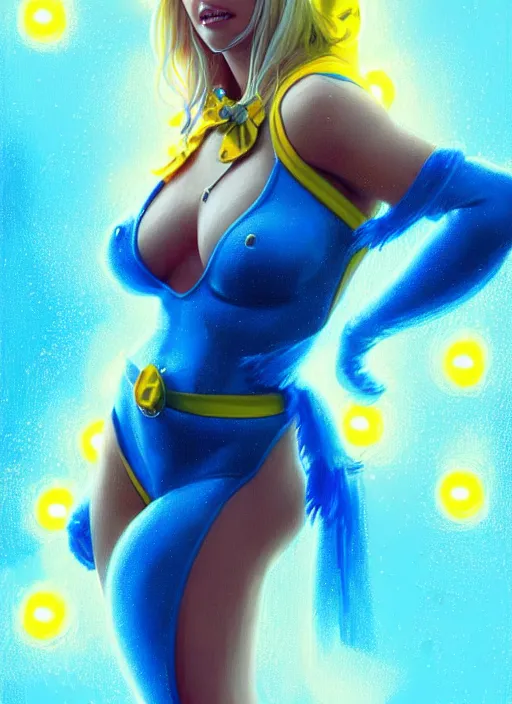 Image similar to britney spears in blue and yellow cat costume, intricate, elegant, glowing lights, highly detailed, digital painting, artstation, glamor pose, concept art, smooth, sharp focus, illustration, art by artgerm and greg rutkowski, artey freytag