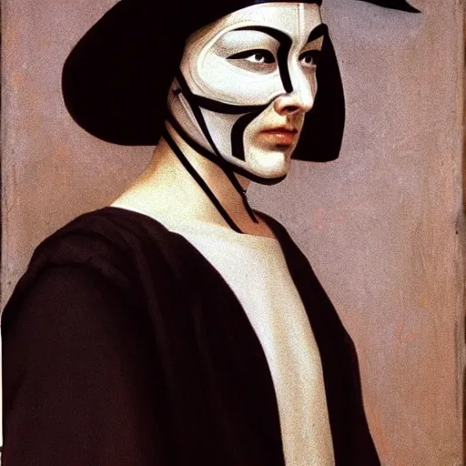 Image similar to a renaissance style portrait painting of V for Vendetta