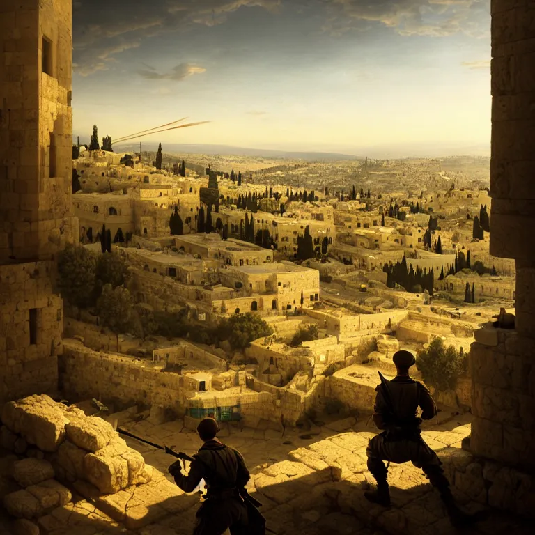 Image similar to a soldier watching a battle from the top of a hill in Jerusalem, dreamy atmosphere, symmetrical baroque painting, perfect composition, beautiful detailed intricate octane highly detailed trending on Artstation, 8K fine art photography, photorealistic, perfect light soft natural volumetric cinematographic, chiaroscuro, award-winning photography, masterpiece, Raphael, Caravaggio, Greg Rutkowski, Beeple