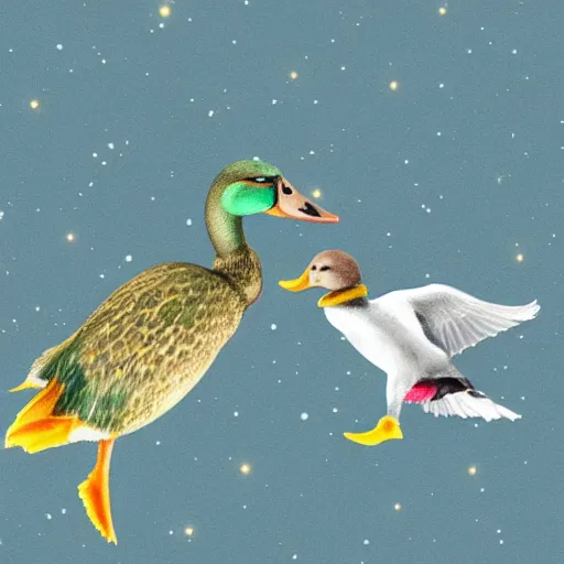 Image similar to flounder and mallard in love on the moon realistic photo