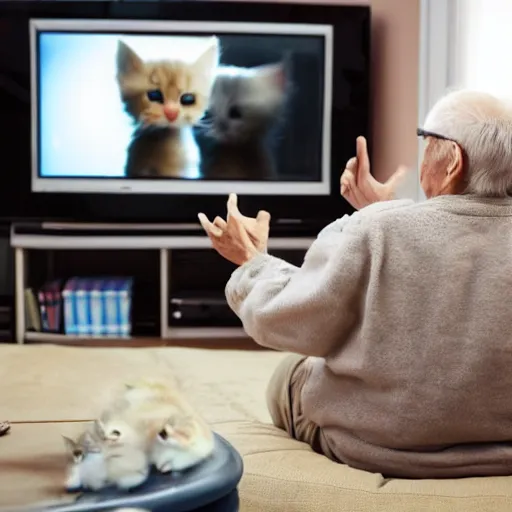 Prompt: an old man watching a show about kittens, photography, television, living room, elderly,