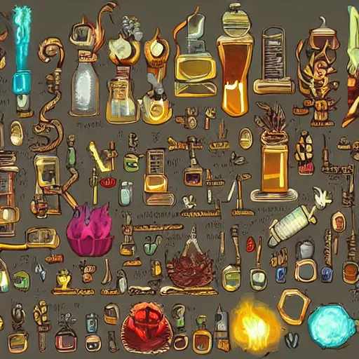 Prompt: these monsters are consumed by fire, yet they remain unharmed. they are surrounded by the tools of the alchemist's trade - beakers and test tubes full of fiery liquids, crystals, and books of ancient knowledge.