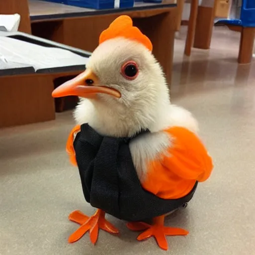 Image similar to cute baby chicken dressed as an inmate