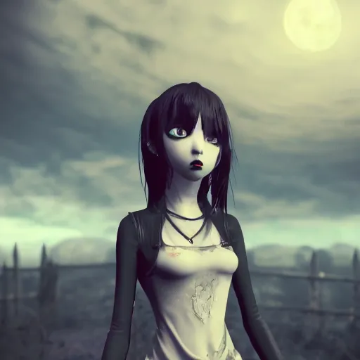 Prompt: full shot portrait of angry darkness anime girl at moonlight, gothic wearing, inspired by Tim Burton, detailed, unreal engine 4k volumetric light, fog,