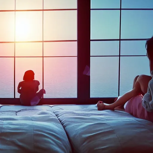 Prompt: a cozy room in Japan with the sunset through the windows and a couple watching the sunset together