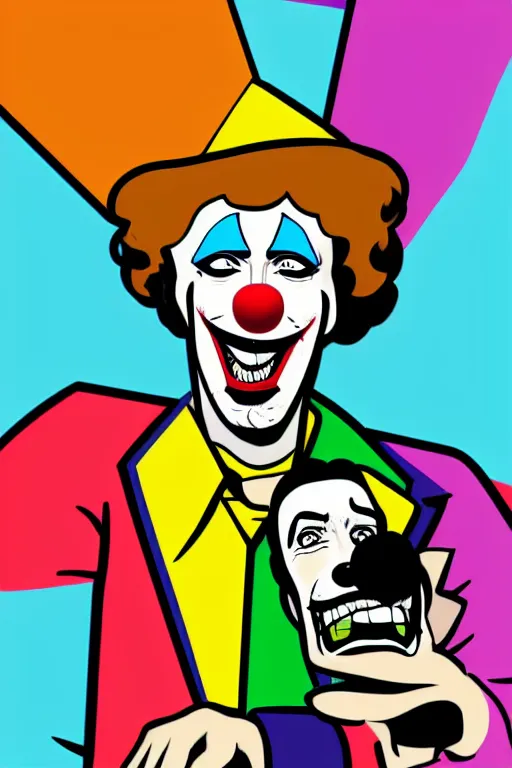 Image similar to display twitter guy wearing an blouses with clown mask. pop art, gta vice city art style, symmetrical, sharp focus, illustration, intecrate details, confident posse, art by mark millar and richard hamilton and mimmo rottela