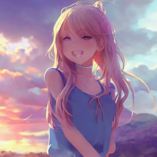 Image similar to a very beautiful anime girl, full body, long wavy blond hair, sky blue eyes, full round face, short smile, cute top, short jeans, summer lake setting, cinematic lightning, medium shot, mid-shot, highly detailed, trending on Artstation, Unreal Engine 4k, cinematic wallpaper by Stanley Artgerm Lau, WLOP, Rossdraws, James Jean, Andrei Riabovitchev, Marc Simonetti, and Sakimichan