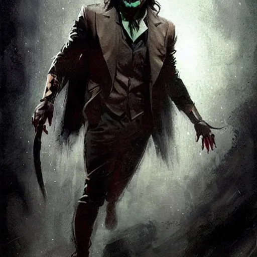 Image similar to jason momoa as joker, full body, dynamic pose, painted by greg rutkowski