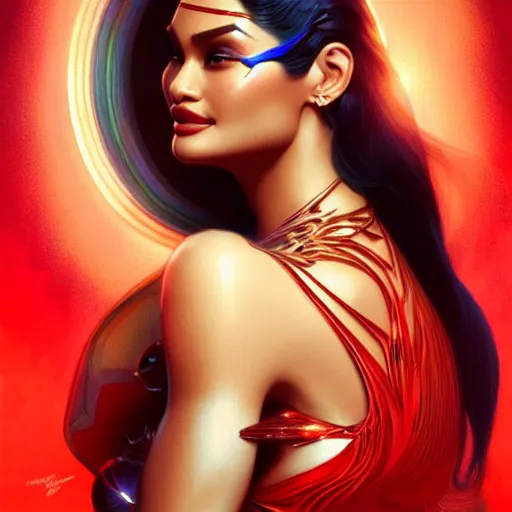 Image similar to pia wurtzbach as darna, volumetric lights, red and cyan theme, art nouveau botanicals, intricate, highly detailed, digital painting, artstation, concept art, smooth, sharp focus, cinematic, illustration, beautiful face, art by artgerm and greg rutkowski and alphonse mucha