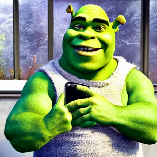 Prompt: shrek take a selfie, he is flexing about his new watch