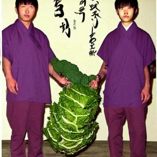 Image similar to secret full color photos form the year 1 9 9 9 of a cult in japan. everyone must not wear pants, they must wear shirts, all their hair is shaved off the side but very long on top. small beards are ok. you must carry a large vegetable in each hand at all times.