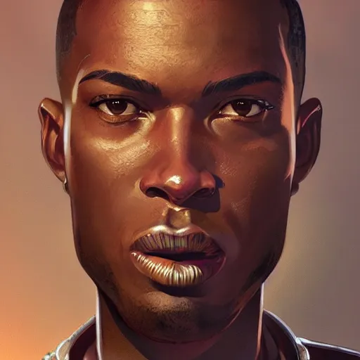 Prompt: Half portrait of a black man with buzzcut as a engineer character in Fallout 4 visiting Diamond City, gorgeous, beautiful, intricate, highly detailed, digital painting, artstation, oppressive lighting, concept art, sharp focus, illustration, art by greg rutkowski and alphonse mucha