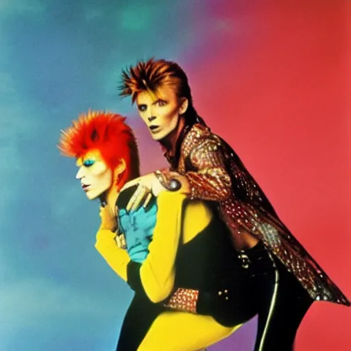 Prompt: david bowie giving a piggy back ride to ziggy stardust. glam rock. cosmic. psychedelic. disney. andy warhol ghibli studio.