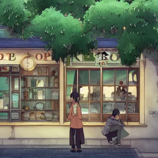 Prompt: the tea shop on the corner, a scene drawn by Makoto Shinkai