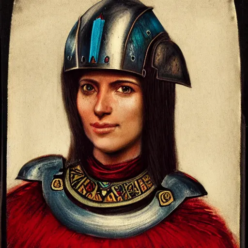 Prompt: head and shoulders portrait of a female knight, incan, brigandine, tonalist, symbolist, realistic, ambrotype, baroque, detailed, modeled lighting, vignetting, turquoise and venetian red, angular, smiling, raven