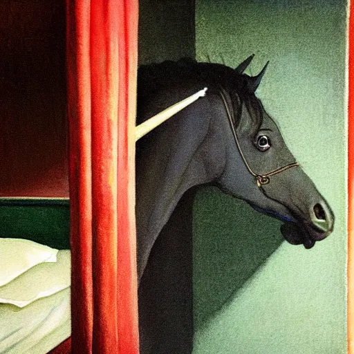 Prompt: close up of a black unicorn in a liminal hotel room, watercolor by gottfried helnwein, by hammershøi, art noveau, highly detailed, lights by edward hopper, liminal, eerie, bright pastel colors