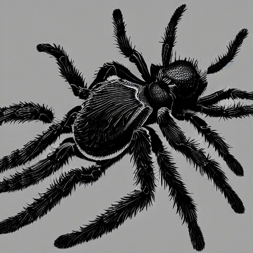 Prompt: book illustration of a tarantula with a machine gun mounted on its back. book illustration, monochromatic, white background, black and white image