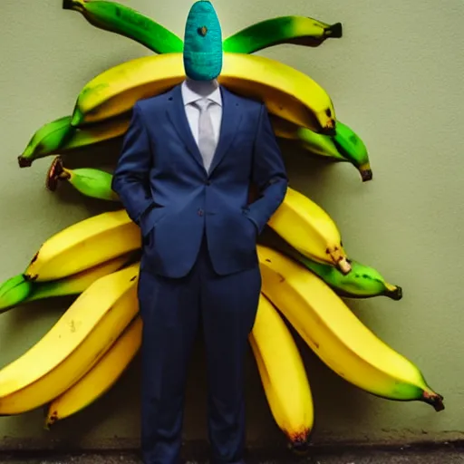 Image similar to banana head, a man wearing a suit banana head