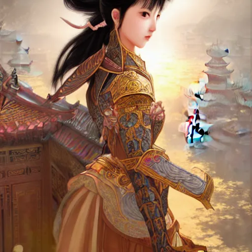 Image similar to portrait black hair young knights of Dynasty Warriors girl, rose golden color armor, in ruin chinese palace rooftop sunrise, ssci-fi and fantasy, intricate and very beautiful and elegant, highly detailed, digital painting, soft light, artstation, concept art, smooth and sharp focus, illustration, art by tian zi and WLOP and alphonse mucha