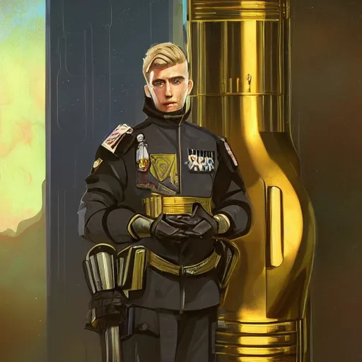 Image similar to portrait of uncannily beautiful blonde man, genetically perfect, with distant expression and piercing blue eyes, wearing fascist Byzantine police uniform and standing in ancient bronze arcology airlock, science fiction concept art by Anato Finnstark, Alphonse Mucha, and Greg Rutkowski
