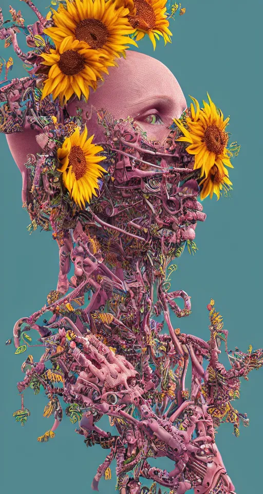 Prompt: cinema 4d colorful render, organic, ultra detailed, of a painted realistic keys with growing sunflowers , scratched. biomechanical cyborg, analog, macro lens, beautiful natural soft rim light, smoke, veins, neon, winged insects and stems, roots, fine foliage lace, pink and pink details, Alexander Mcqueen high fashion haute couture, art nouveau fashion embroidered, intricate details, mesh wire, computer components, motherboard, floppy disk eyes,mandelbrot fractal, anatomical, facial muscles, cable wires, elegant, hyper realistic, in front of dark flower and feather pattern wallpaper, ultra detailed, 8k post-production