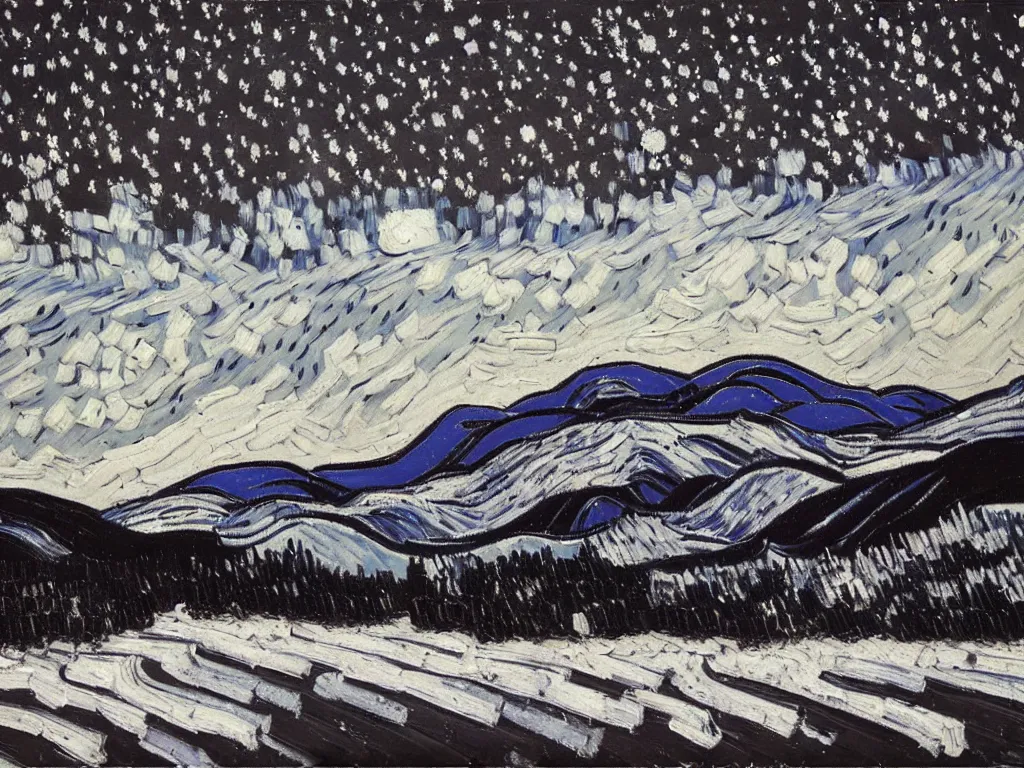 Image similar to thick impasto textured oil black and white painting of the laurentian appalachian mountains in winter by vincent van gogh, unique, original and creative landscape, snowy night, distant town lights, aurora borealis, deers and ravens, footsteps in the snow, brilliant composition