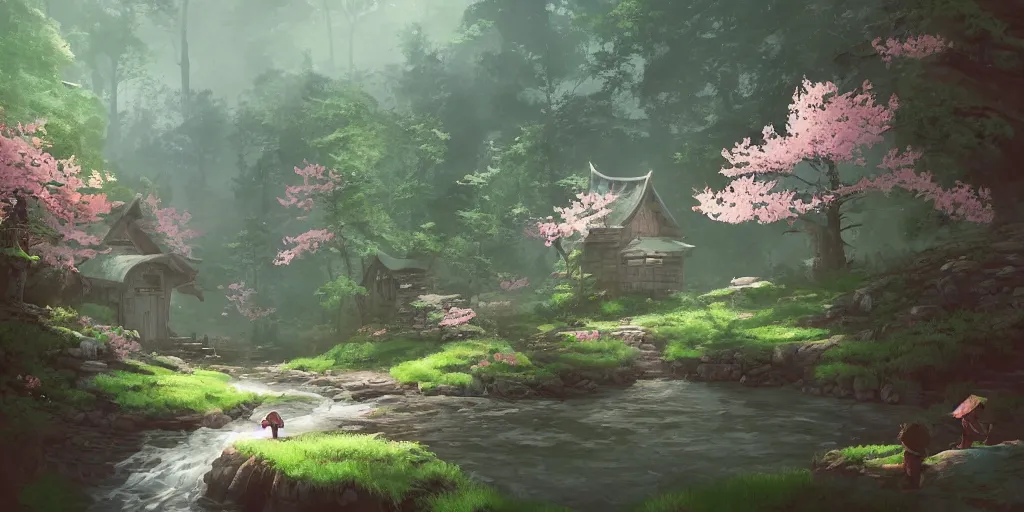 Prompt: woods on the mountain in spring with small stream and small house, warm atmosphere, ilustration, fairy tales, chinese mythology elements, a little light pink shade, characterized by roman shipunov, etienne hebinger, atey ghailan, cgsociety, fantasy art, 2 d game art