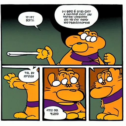 Image similar to garfield points a gun at odie, illustrated by jim davis