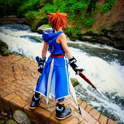 Prompt: kingdom hearts sora cosplay near waterfall low angle 85mm