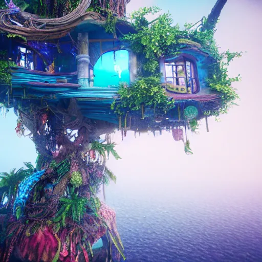 Image similar to underwater tree house, full - body : : symmetrical, eerie, insanely detailed, hypermaximalist, elegant, hyper realistic, super detailed, pastel colors, cinematic, unreal engine, 8 k,