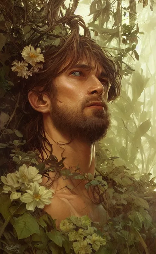 Image similar to god of the forest, 3 0 years old, rugged handsome, male, gorgeous, detailed face, clean lines, cinematic light, amazing, full body, flowers, muscular, intricate, highly detailed, digital painting, artstation, concept art, sharp focus, illustration, art by greg rutkowski and alphonse mucha