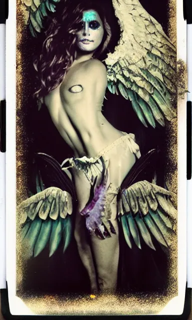 Image similar to crystal wings, waporwave polaroid, a greg rutkowsi photograph, devianart photoshoot, metal acid deep colors, fallen angel of death, love broken