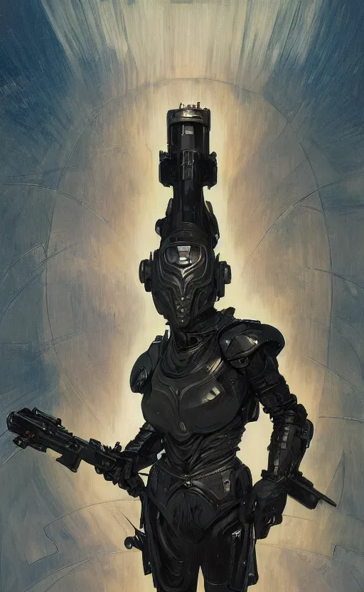 Image similar to a top view shot of a man in black futuristic armor, holding a gun up to the sky, alphonse mucha , greg rutowski, illustration, science fiction, concept art, digital painting, Trending on artstation