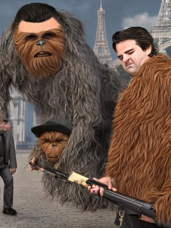 Prompt: rich evans and mike stoklasa save george lucas from a crackhead wookie in 1 9 3 0 s paris, hyperrealistic, 4 k, ultra detailed, intricate detail, octane render, photorealistic.