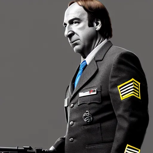 Image similar to Saul Goodman wearing heavy modern military gear and holding a machine gun, highly detailed, 4k