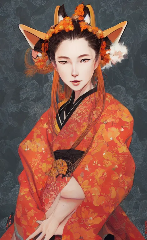 Prompt: An beautiful digital painting of a woman with fox ears and nine tails wearing a kimono, by Stanley Artgerm Lau, WLOP, Rossdraws, James Jean, Andrei Riabovitchev, Marc Simonetti, and Sakimichan, trending on artstation