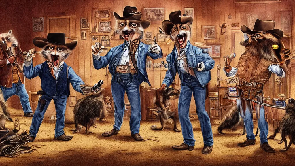 Image similar to photorealistic full - color storybook illustration of : during a hoedown at a saloon in the old west, an angry anthropomorphic raccoon dressed as a cowboy is having a duel with “ daniel day - lewis ” and they are holding revolvers. frightened “ nancy reagan ” is watching them. color professional hyper - realistic drawing.