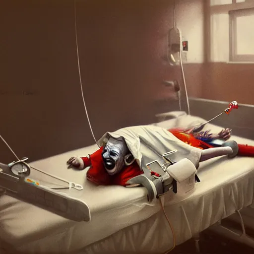 Image similar to hysterical and crazy elderly clown lying in hospital bed with wrist restraints on, restraints attached to hospital bed siderails, greg rutkowski, photograph, 8 k