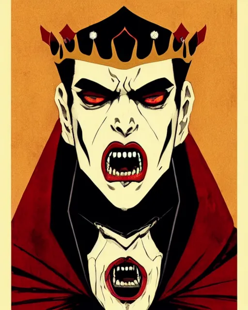 Image similar to handsome vampire king with crown and fangs, symmetrical face, evil, cinematic, dramatic, powerful, super detailed and intricate, by koson ohara, by darwyn cooke, by greg rutkowski, by satoshi kon