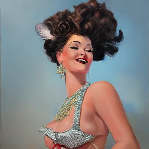 Prompt: texas showgirl, big hair, feathers, 1 9 4 0 s, oil painting, pale colors, high detail, 8 k, wide angle, trending on artstation