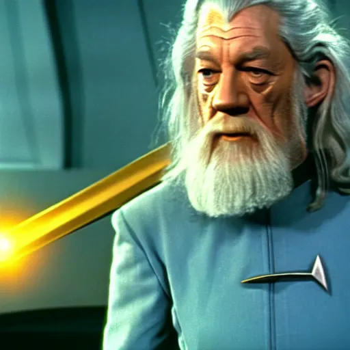 Image similar to A still of Gandalf as Captain Kirk on Star Trek, sharp focus, high quality, 4k