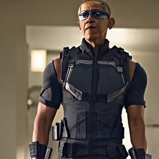 Prompt: film still of Obama as Hawkeye in Marvel’s Avengers