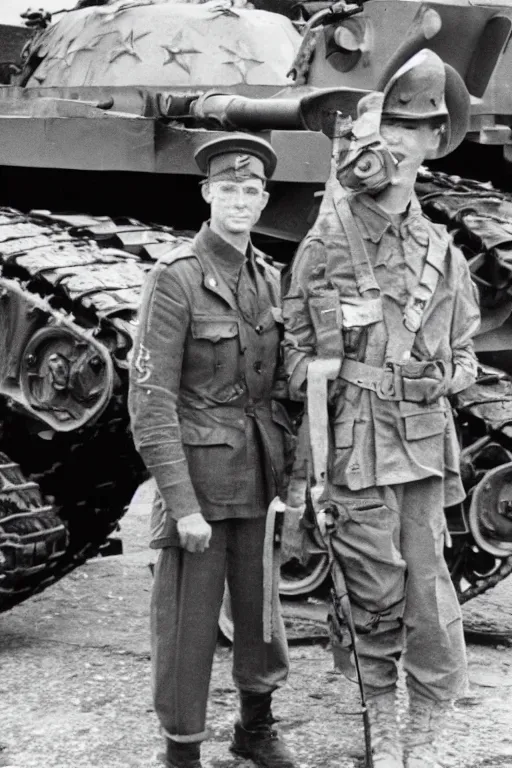 Prompt: A man in power armor stands behind a World War II soldier in a general photo near a tank, old photo, realism, attention to detail