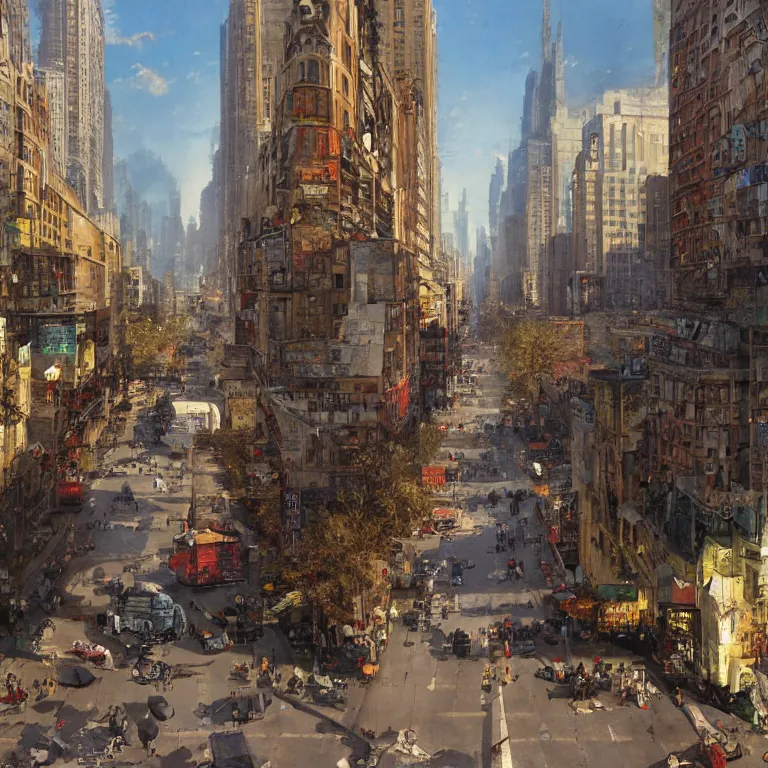 Prompt: street city, hyperrealism, no blur, 4 k resolution, ultra detailed, style of john berkey, norman rockwell, hans thoma, ivan shishkin, tyler edlin, thomas kinkade